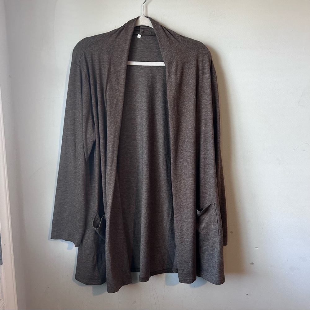 Women's Heather Brown Open Front Long Cardigan with Pockets – Size 2X
